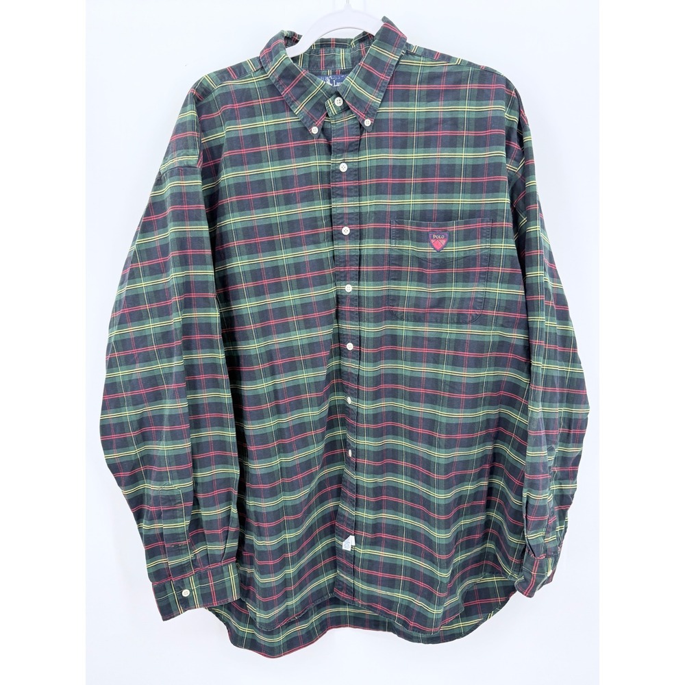 Ralph Lauren Button Down Shirt Men XXL Green Plaid The Big Shirt Vintage Crest